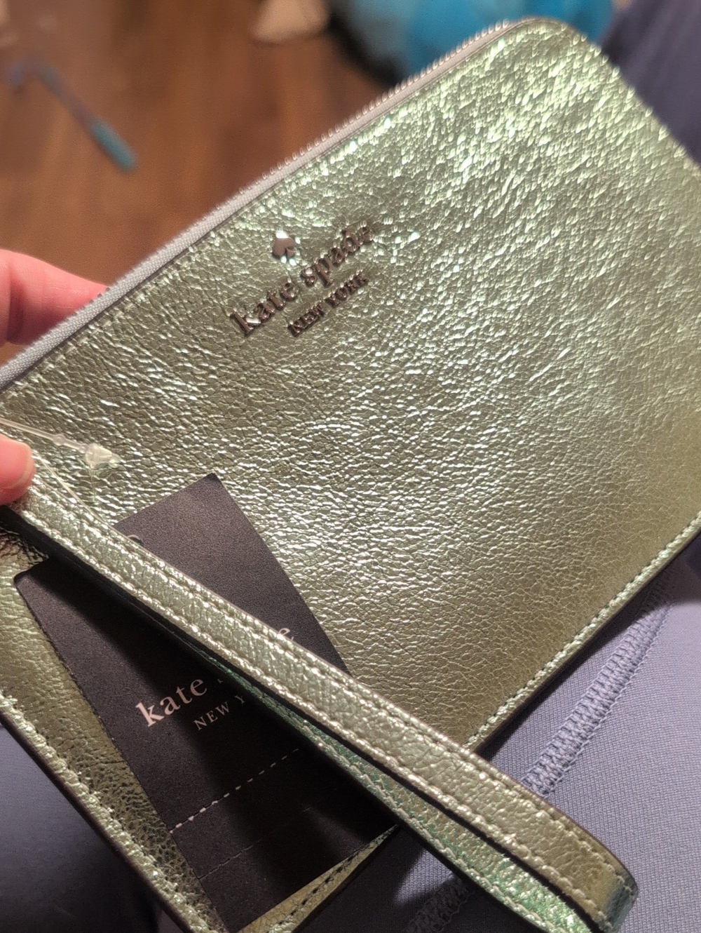 kate spade Lucy Metallic Leather Wristlet with Strap In Tidewater NWT NEW WITH